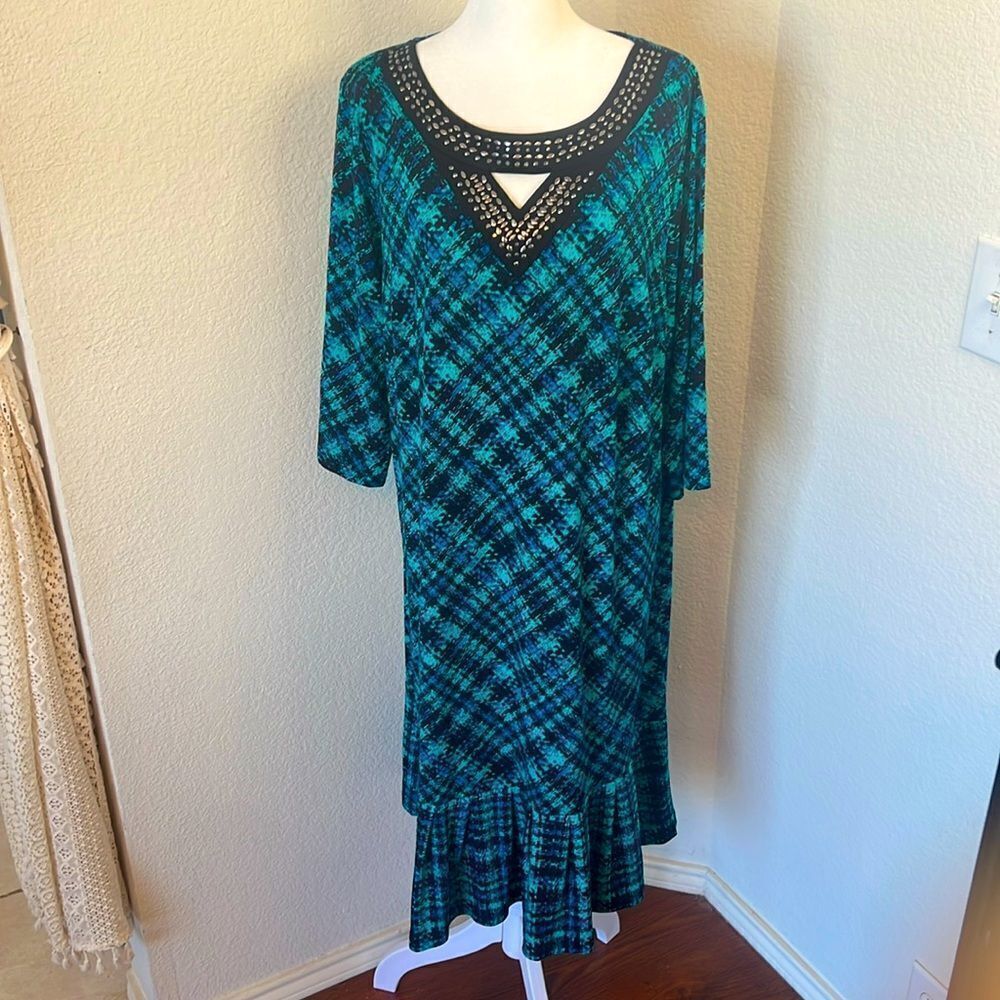 Retro Style Catherine's Embellished Plaid Print Ruffled Hem Pull Over Dress ~ 0X